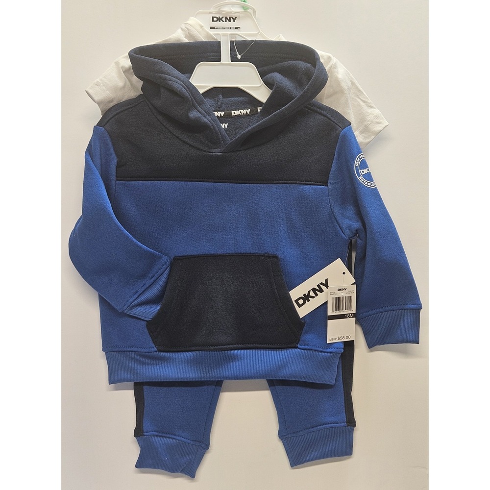 DKNY  18 M, Set Of 3,‎ Blue Pull Over Hoodie/Blue Pants/ Crew Neck White T Shirt